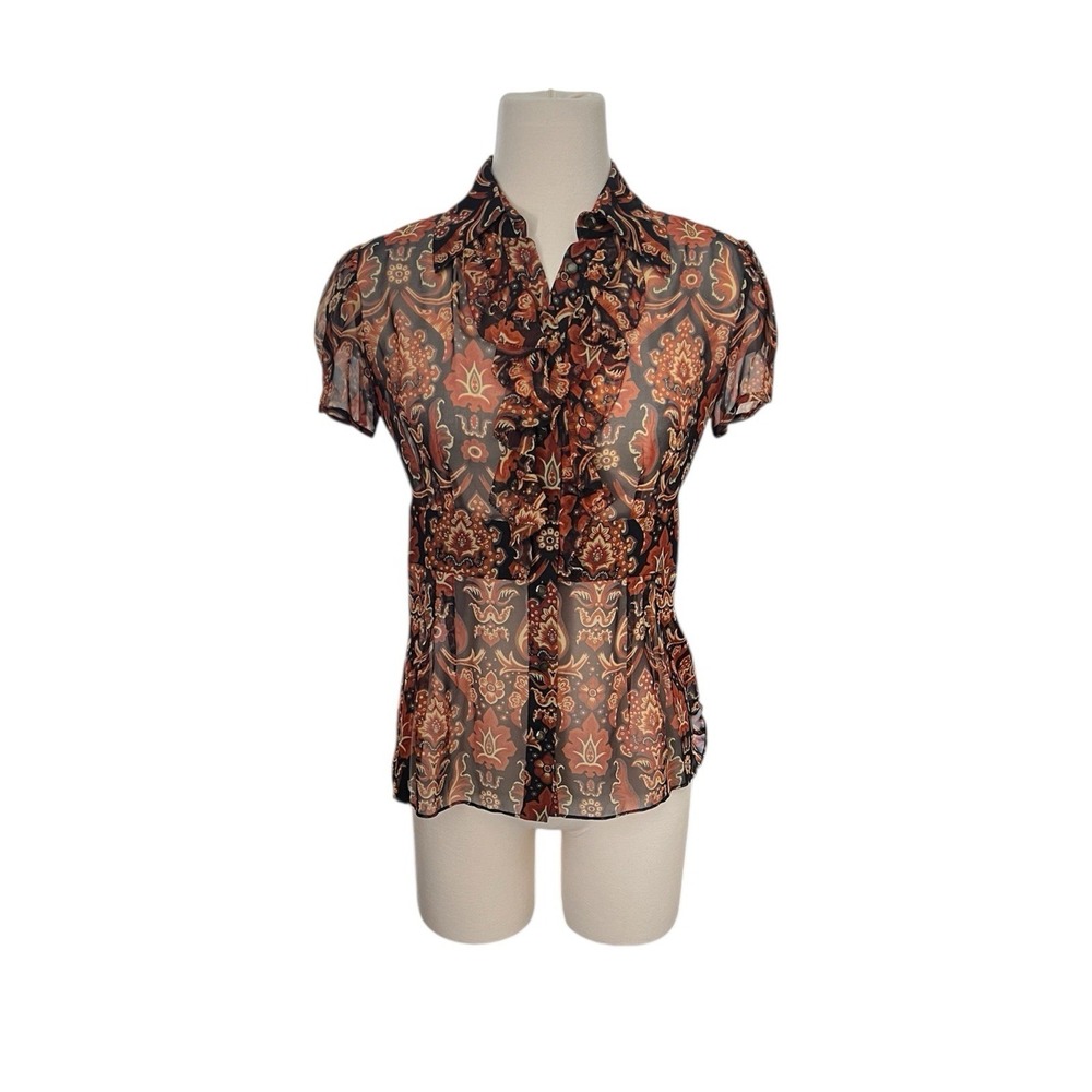 Etcetera Y2K Sheer Paisley Button Front Blouse Silk Size 2 Sheer Boho Whimsigoth